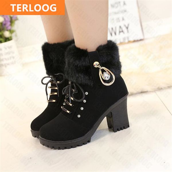 

boots winter women high heels shoes warm non-slip block cow suede snow fashion designer crystal plush goth botas 221115, Black