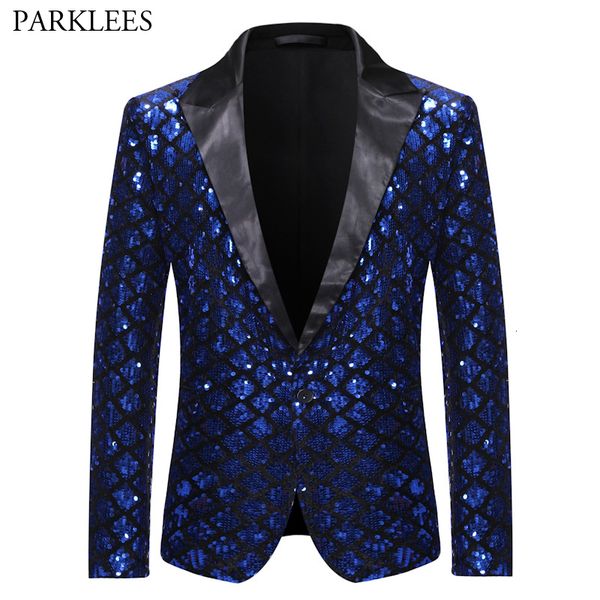 

men's suits blazers royal blue sequin glitter embellished blazer jacket men one button shiny plaid tuxedo mens nightclub prom stage cos, White;black