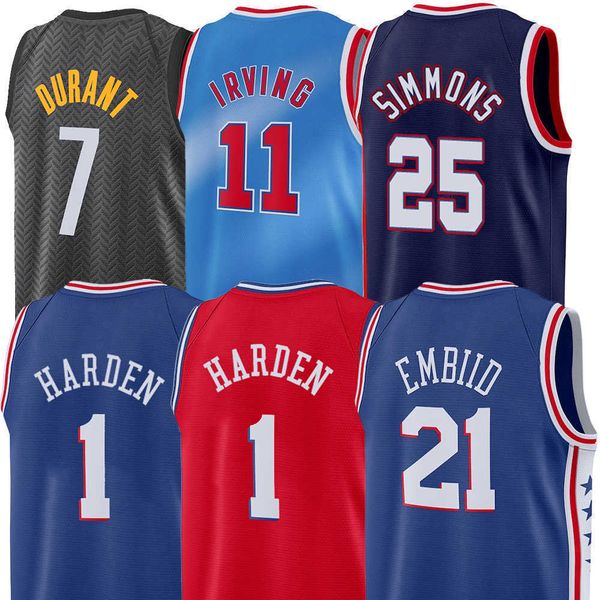 

13 harden basketball jerseys philadelphias 76er kevin 7 durant 25 ben 21 joel simmons kyrie embiid irving jersey, Black;red