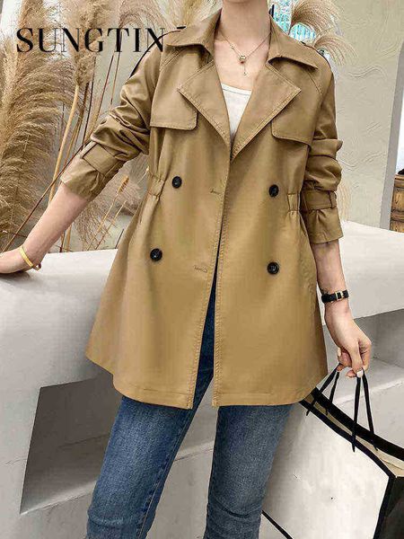 

sungtin korean midi loose faux leather jacket women 2022 spring new double breasted casual trenchcoats woman moto biker pu j220727, Black