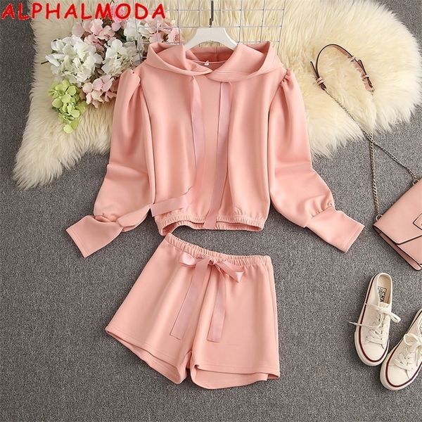 

womens two piece pants alphalmoda early autumn hooded ribbton puffsleeved jacket shorts 2pcs women fashion suit trendy outfit set 221115, White