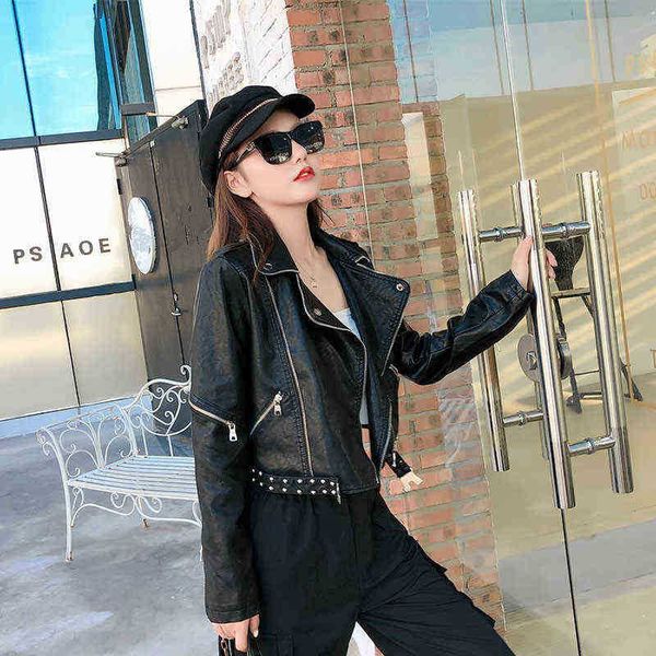 

women white black short leather biker jacket 2020 autumn long sleeves slim zipper splice faux leather moto jacket chaqueta mujer j220727