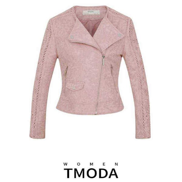 

tmoda277 2022 women autumn winter suede faux leather jackets lady fashion hollow out motorcycle jacket biker pink lace outerwear j220727, Black