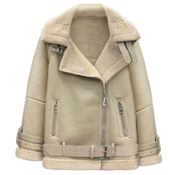 

22 women's fur women winter lamb wool coat 2022 plus velvet thick leather jacket motorcycle suit warm, Black