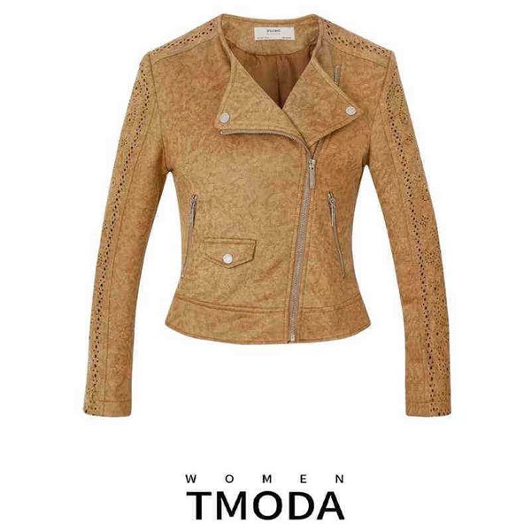 

tmoda265 2022 women autumn winter suede faux leather jackets lady fashion hollow out motorcycle jacket biker brown lace outerwear j220727, Black