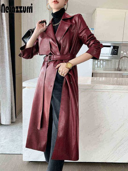 

nerazzurri spring long leather trench coat for women 2022 long sleeve belt british style double breasted simple classic overcoat j220727, Black