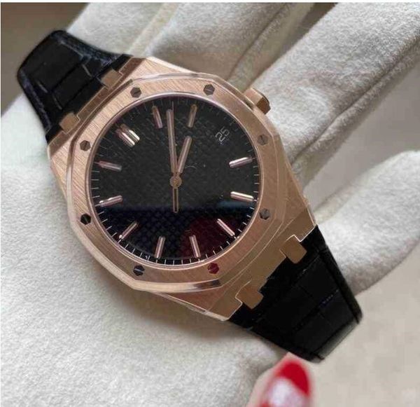 

men watch automatic mechanical movement leather strap 41mm rose gold 15500 mens wristwatch, Slivery;brown