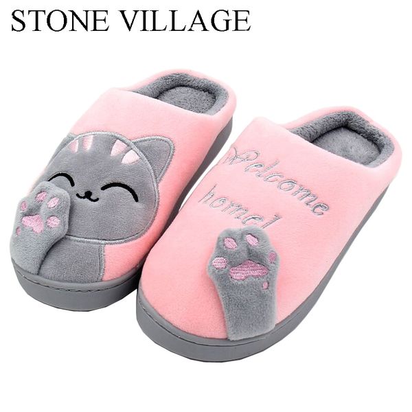 

slippers cat animal prints cute home short plush warm soft cotton women loves floor indoor shoes large size 45 221115, Black