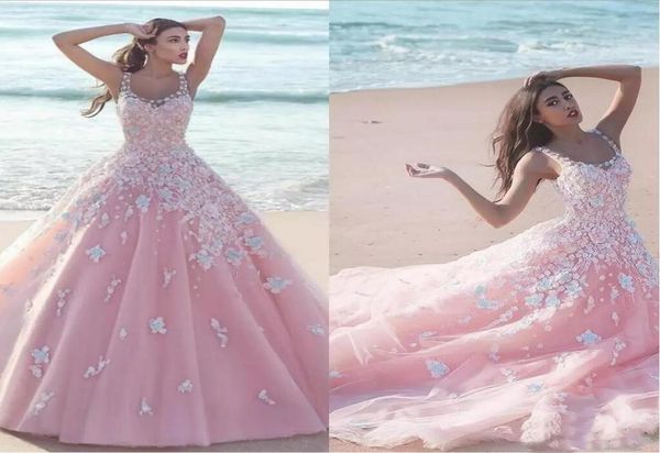

2020 new pink quinceanera ball gown dresses scoop neck tulle with flowers white lace appliques long sweet 16 sweep train party pro7915923, Blue;red