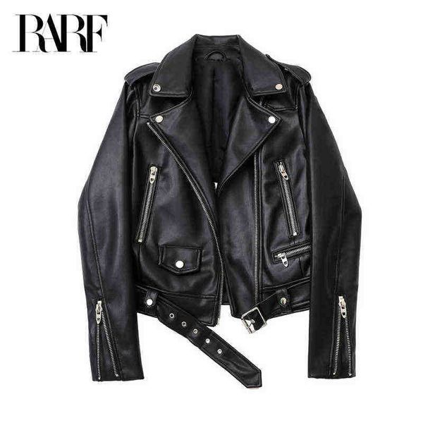

spring and fall 2021 new faux leather pu jacket with belt women lapel motorcycle jacket black zip biker jacket j220727