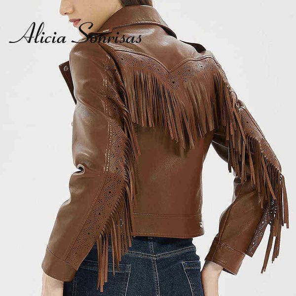 

2022 spring biker jacket heavy industry carved hollow delicate tassel motorcycle pu leather jacket faux leather coat female j220727, Black