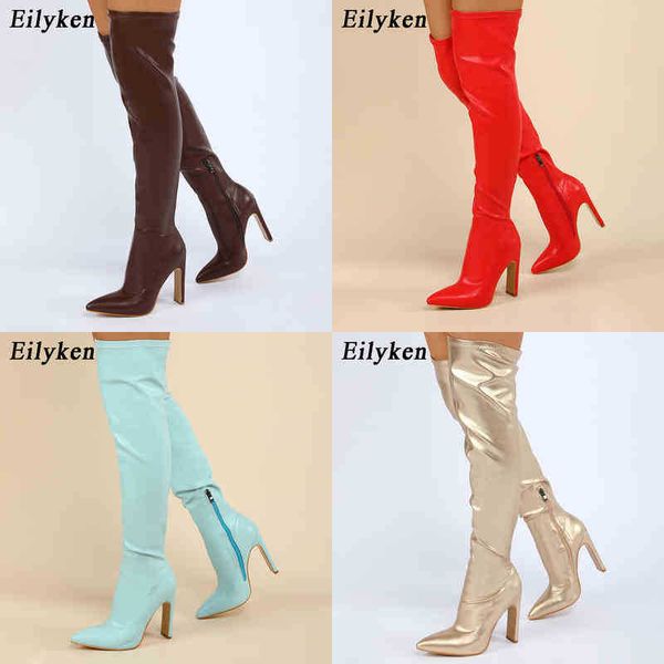 

boots eilyken new design pu leather over the knee boots fashion runway square high heels pointed toe zip womans shoes 220913, Black