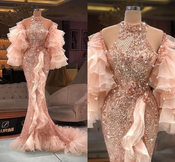 

pink ruffles 2022 mermaid prom dresses long sleeve lace beaded high neck evening wear second reception gowns, Black;red