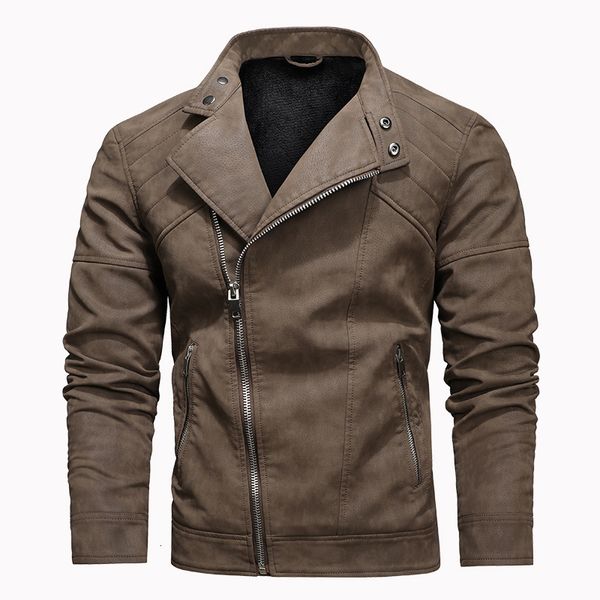 

men's fur faux fur pu jackets men spring autumn leather jacket coat male fashion diagonal zipper solid color outwear outerwear pu coat, Black