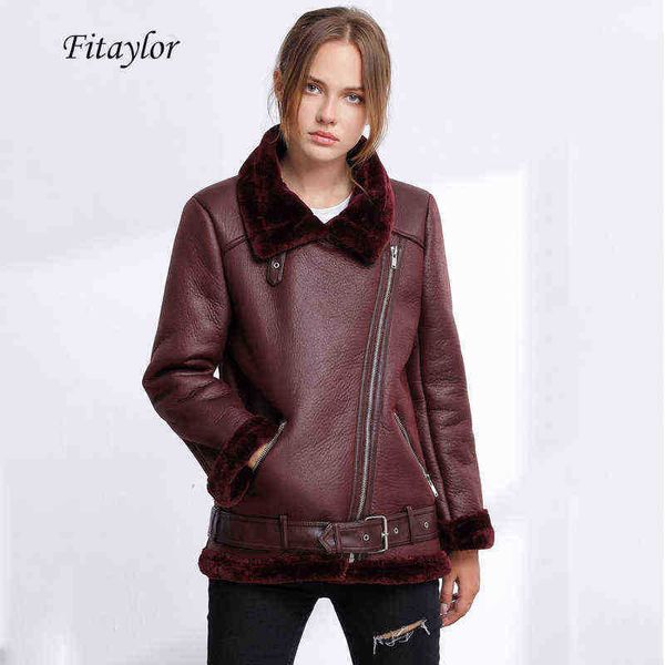 

fitaylor winter women faux lamb leather jacket punk lapels thickened padded warm pu leather jackets female lambs wool outerwear new j220727, Black