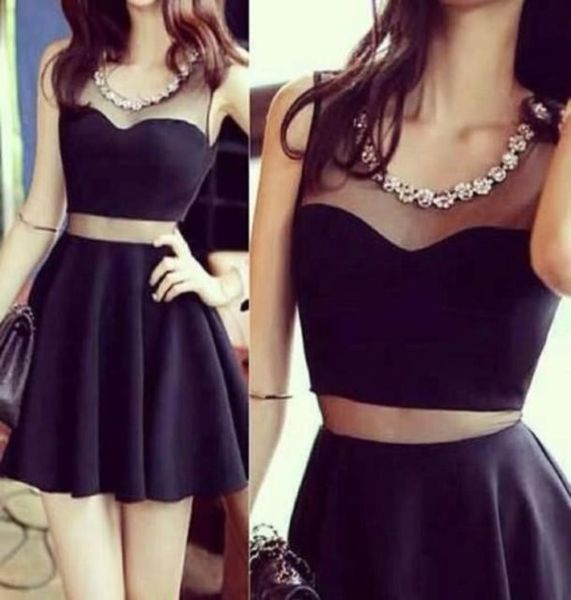 

black two piece prom dresses sheer neck crystal illusion cut out waist mini cocktail party gowns short homecoming dress8834334
