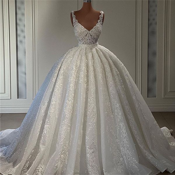 

haute couture lace wedding dress sparkly crystal v neck short sleeve bridal ball gowns 3d appliques custom made robes, White