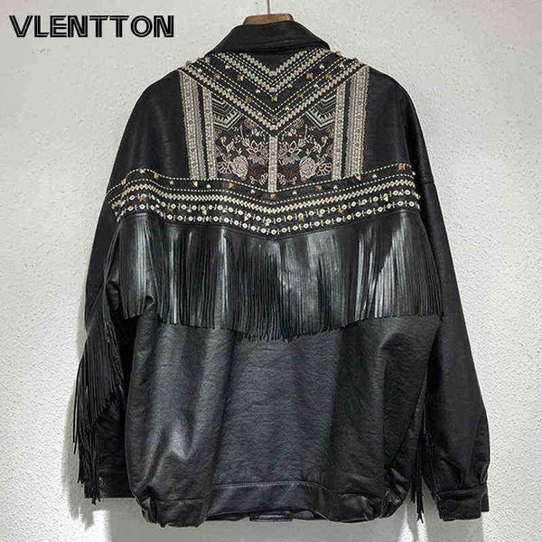 

spring autumn women black pu faux leather jackets fashion tassel rivet embroidery biker jackets female casual loose outfit j220727