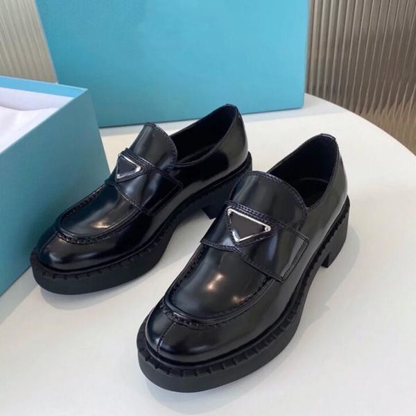 

small leather shoes heighten p lefu casual shoes triangle logo british style thick heel black matte round toe shiny patent leathers 41