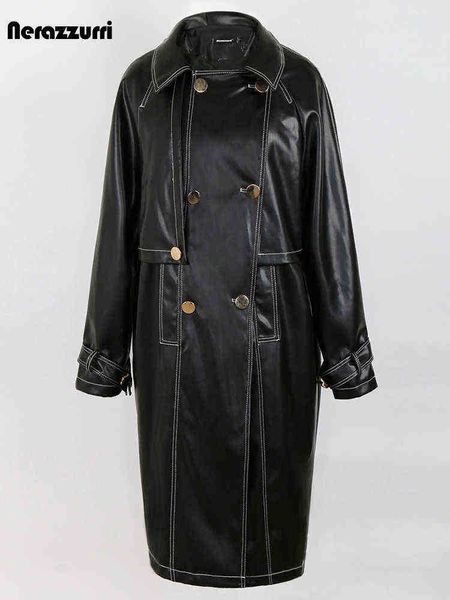 

nerazzurri spring autumn oversized black waterproof pu leather trench coat for women double breasted cool european fashion 2022 j220727