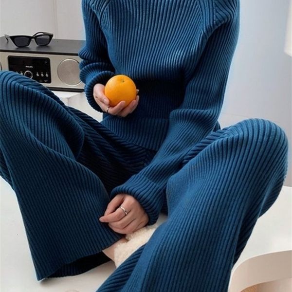 

womens two piece pants set pullover sweater knit tracksuit women high waist wide leg straight suit harajuku spring autumn clothes 221115, White