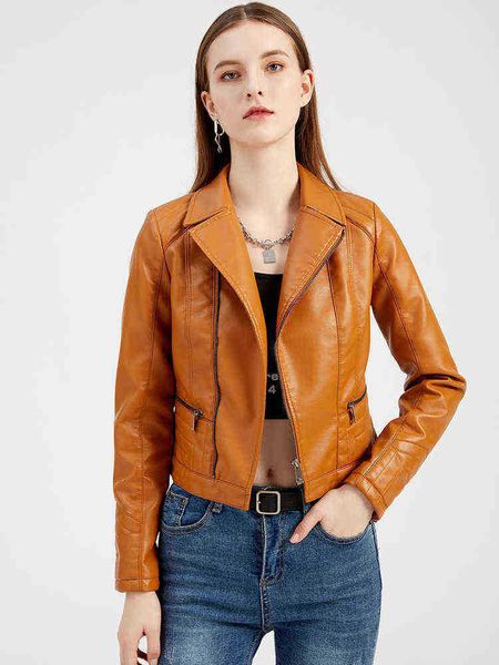 

ftlzz 2022 spring autumn lapel faux leather short jacket women fashion moto bike slim pu leather coat female chic zipper outwear j220727, Black