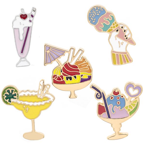 

cartoon dessert brooches 5pcs set ice cream sweet cone enamel badges lemon cup beach drinks gold plated alloy pin women jewelry gift small f, Gray