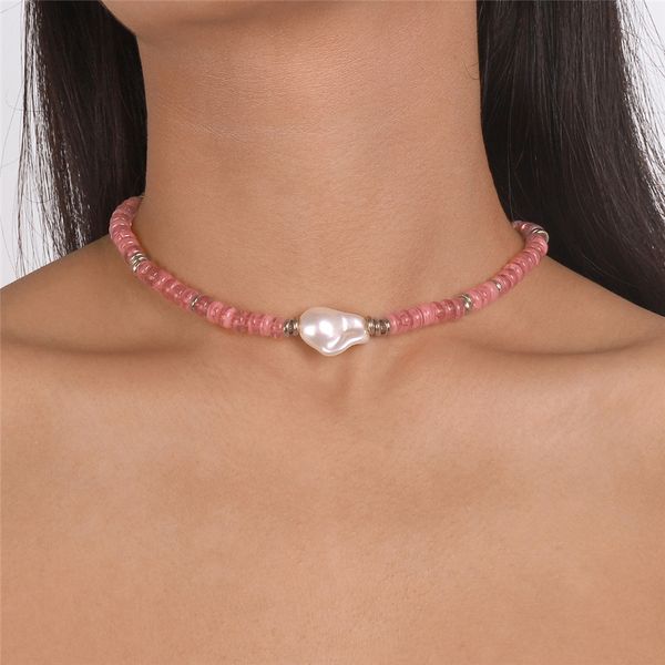 

boho pink strand bead chain necklace for women girl wedding bridal sweet baroque pearl pendant short choker y2k jewelry, Silver