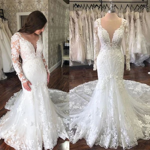 

vestido de noiva mermaid wedding dress 2022 long sleeve lace sheer bateau neck backless bridal dress, White