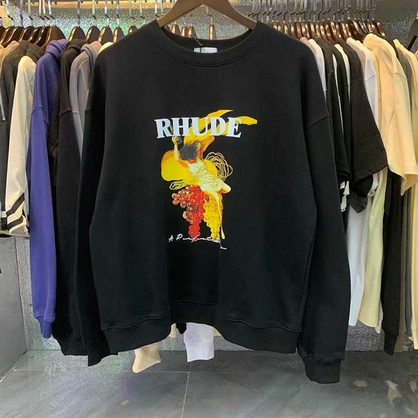 

men's hoodies sweatshirts fleece 2022ss rhude sweatshirts grape belle printing cotton o-neck men casual couple rhued keep warm pullover, Black