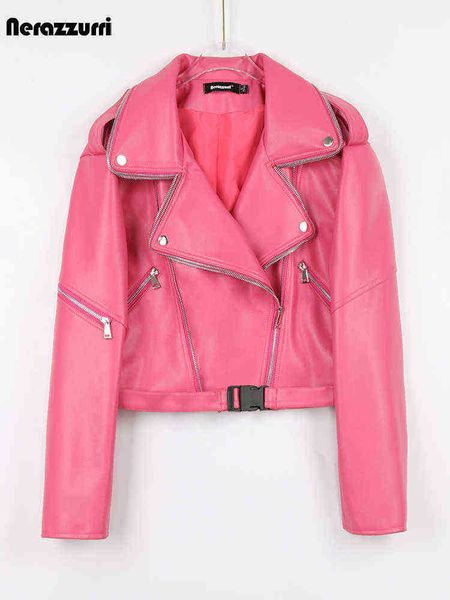 

nerazzurri spring autumn colored green black short leather biker jacket women zipper cool luxury designer clothing fashion 2022 j220727