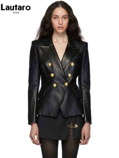 

lautaro spring autumn short elegant luxury pu leather blazer women long sleeves golden buttons double breasted european fashion j220727, Black