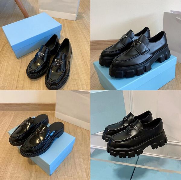 

brand loafers shoes p triangle metal buckle round toe casual shoes genuine leather non-slip thick heel black shiny women's slippers wit
