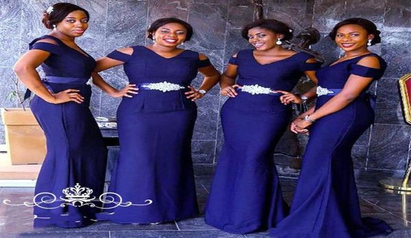 

2020 new royal blue satin long bridesmaid dresses with short sleeves beading sash african women mermaid maid of honor dress party 8433264, White;pink