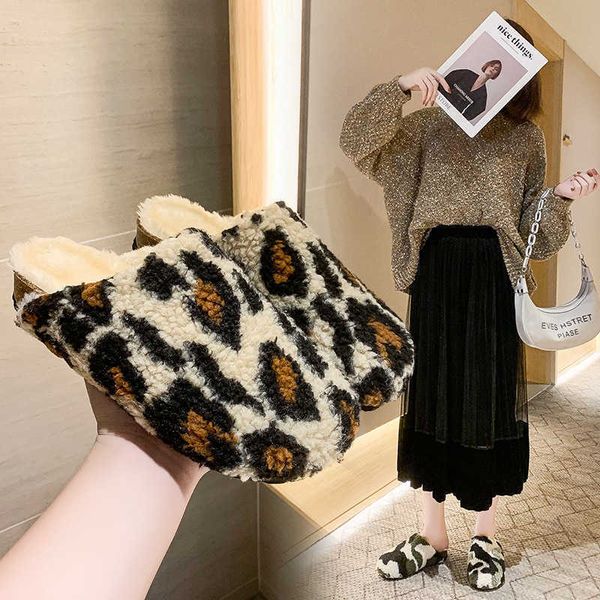 

slippers 2023 winter new large size half slipper female sheep curly wool warm thick bottom leopard print cotton 0930, Black
