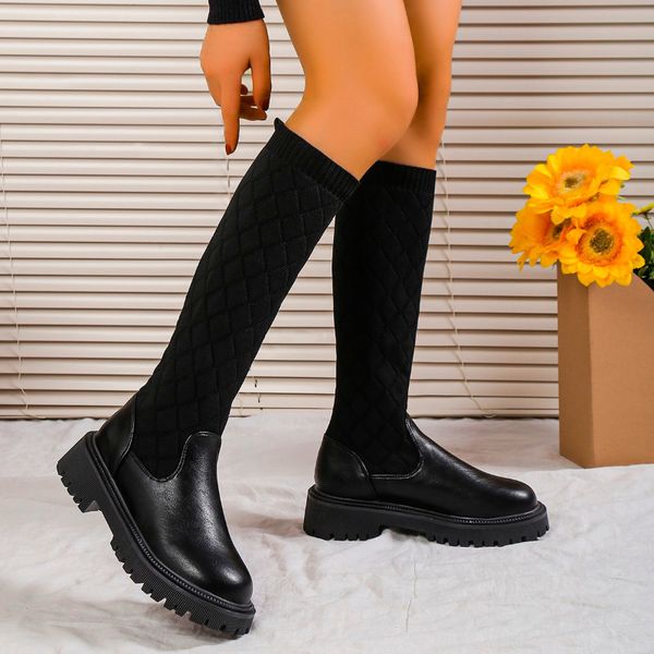 

boots breathable knitting sock women thigh high ladies stretch thick sole winter botas de mujer female 221114, Black