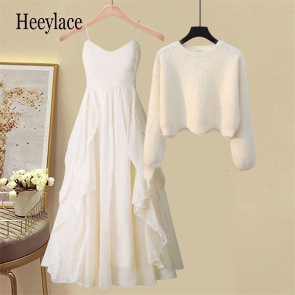 

two piece dress heeylace women spring pieces sets korean long sleeve pullover knitted sweater and ruffles patchwork mesh suit 221115, White