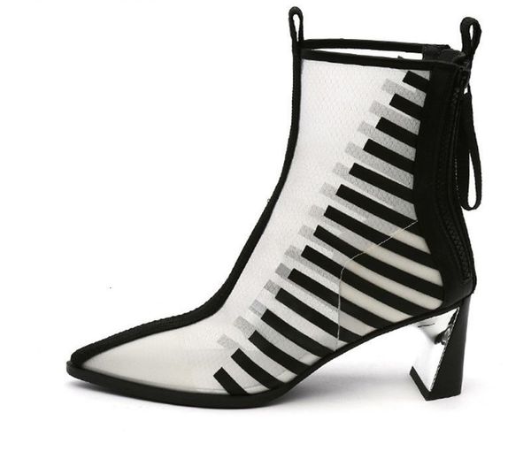 

boots pointed toe women summer boots white mixed black mesh chelsea booties fashion short botines mujer spring high heels sandalias 221114