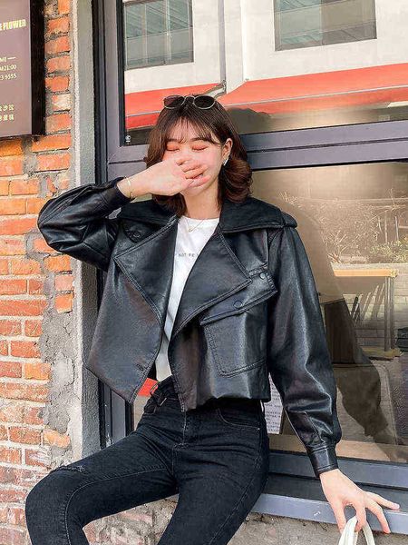

new spring autumn women leather jacket high street faux leather coat biker outfit asymmetrical casual motor jackets j220727, Black