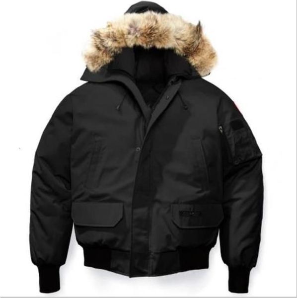 

men bomber down jacket canada real wolf fur hooded goose canvas parkas letter patch zipper pockets warm thick outwear designer women ruff wi, Black