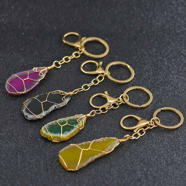 

wire wrap agate stone key rings diy natural druzy raw stone healing crystal keychain bag hangings pendant for women men fashion jewelry, Slivery;golden