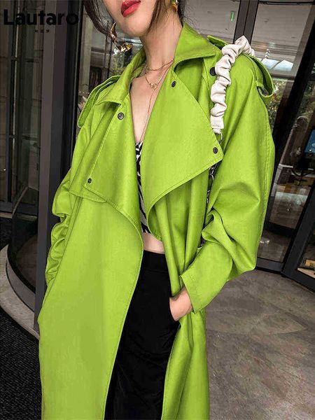

lautaro spring autumn long oversized bright green trench coat for women belt loose stylish luxury designer clothes women 2022 j220727, Black