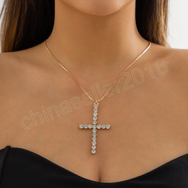 

simple rhinestone love cross jesus pendant necklace for women metal link long chain collares christian jewelry men, Silver