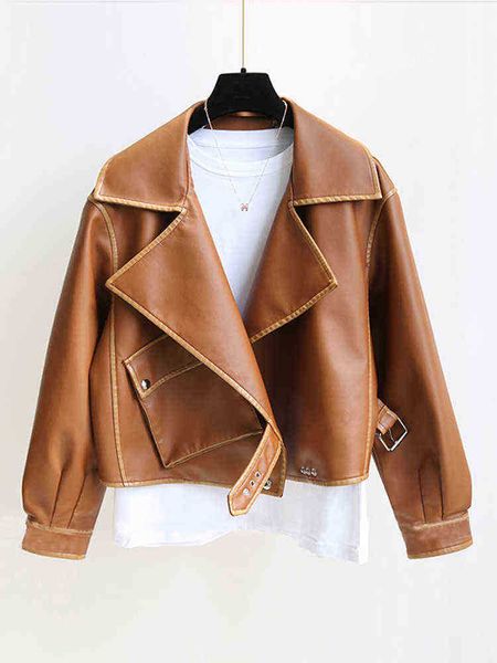 

fitaylor spring autumn moto bike faux soft leather jacket women large lapel pu leather short jacket locomotive style loose runner j220727, Black