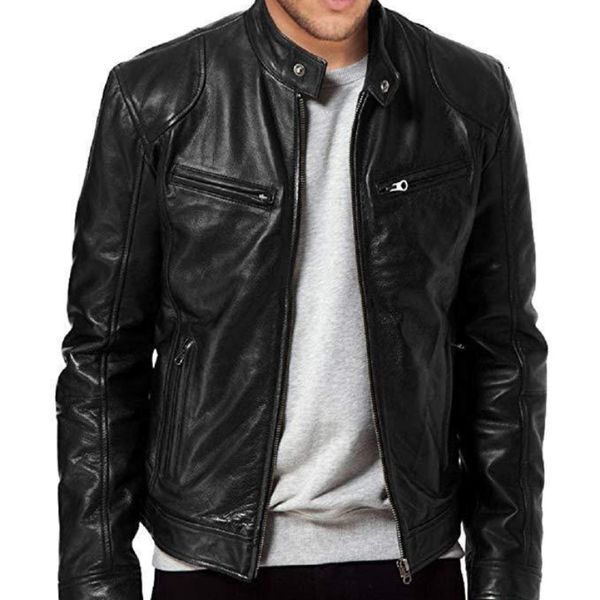 

men's fur faux fur men's zipper cardigan slim leather jacket 221114, Black