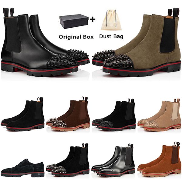 

designer mens ankle boots short shoes red bottomes rubber walking alpinono/melon spikes strass winter fashion louboutin shoes genuine leathe, Black