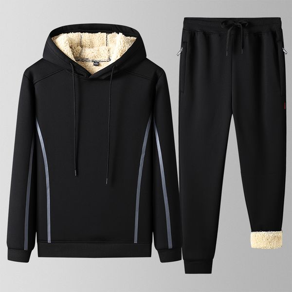 

men's tracksuits winter solid color warm men tracksuit male sets velvet thick male hooded jacket pants 2piece fleece casual men's, Gray