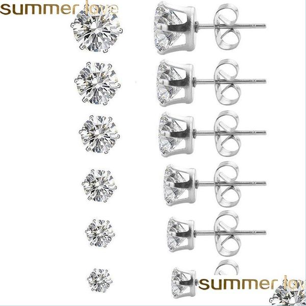 

stud m8mm round clear cubic zirconia stud earring for women girls sier gold rose plated wedding earrings stainless steel jewelry dro dhlbn, Golden;silver