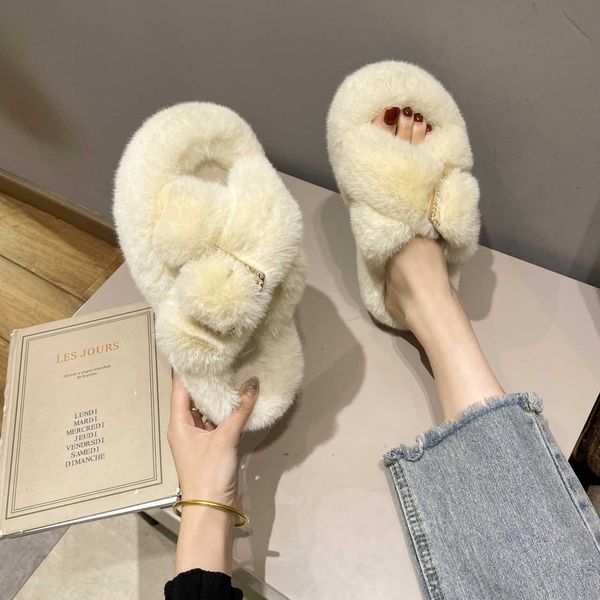 

slippers large size autumn and winter 2023 new increased 4.8 cm thick bottom cross wool slippers women 0930, Black
