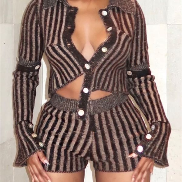 

womens two piece pants kliou knitted streak set women solid single breasted skinny cardigan casual stretchy shorts female street suits 2211, White